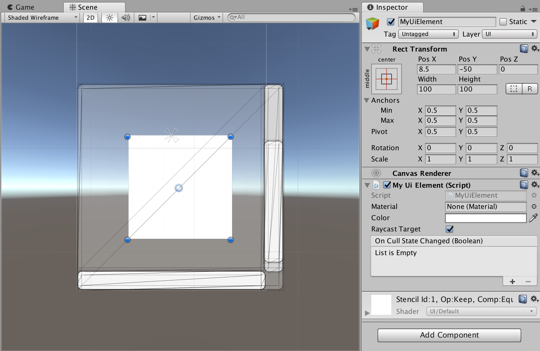 Scene view of our custom UI mesh object within a scroll rect, currently simply displaying a single white quad.