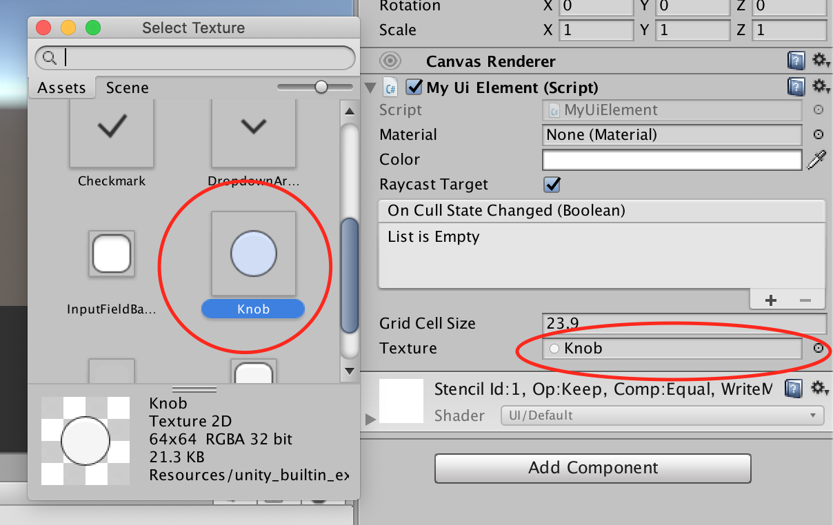Selecting the "knob" texture for our custom UI component in the Unity inspector.