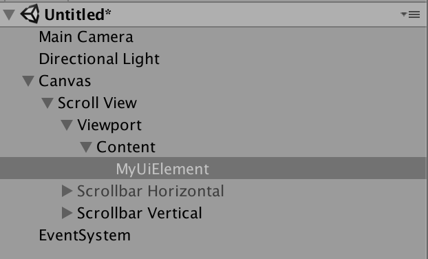 Scene hierarchy of our custom UI mesh object within a scroll rect.